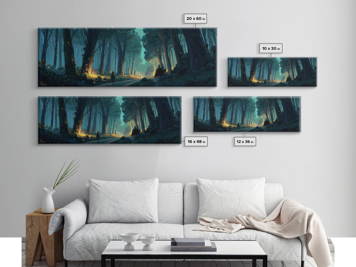 Mystical Enchanted Forest Pathway With Lanterns And Traveler Walking Horse Canvas Print