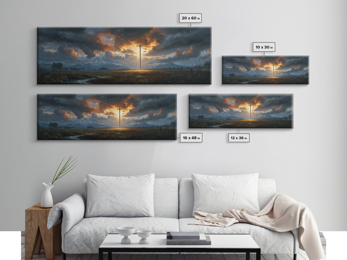 Dramatic Sword Light Rays Landscape Oil Painting Wall Art Framed Canvas Print with Realistic Fantasy Scene for Home and Office