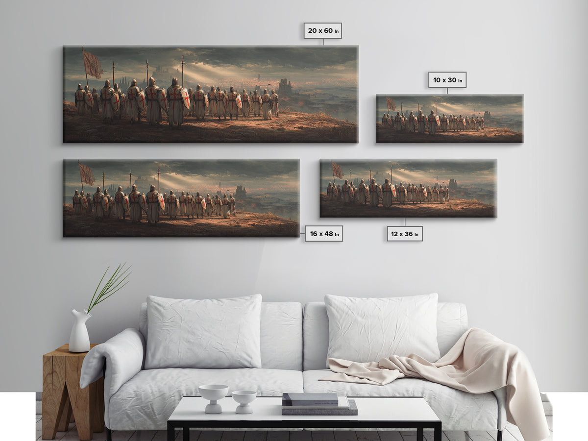 Medieval Knights With Cross Shields In Battlefield At Dusk Wall Art Framed Canvas Print For Living Room Decor
