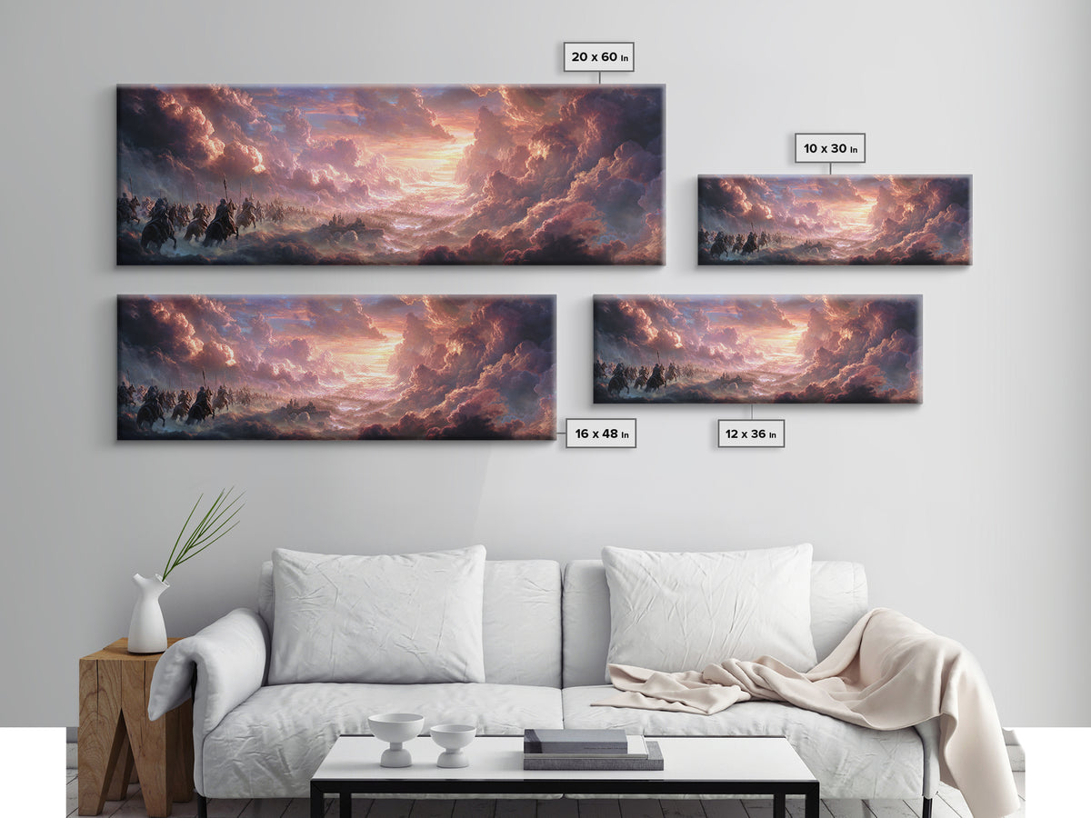 Epic Fantasy Army Charging Through Dramatic Clouds At Sunset Colorful Landscape Wall Art Framed Canvas Print
