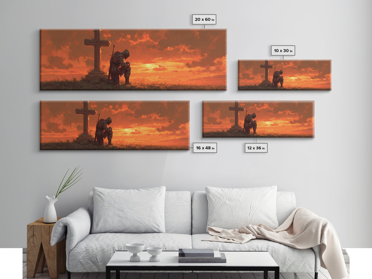 Knight In Armor Kneeling At Cross Dramatic Sunset Religious Framed Canvas Print Wall Art For Home