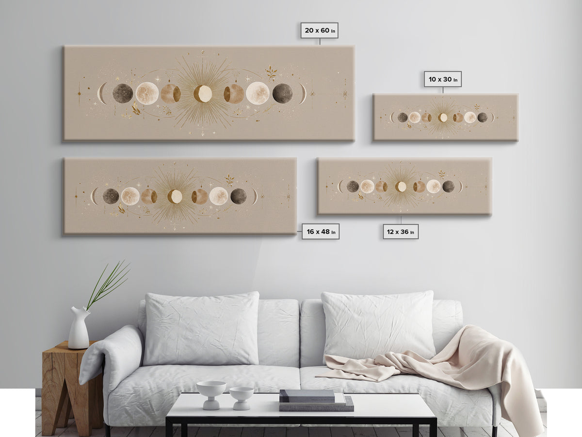 Moon Phases Celestial Wall Art, Gold Sun And Lunar Canvas Print, Neutral Boho Bedroom Decor, Mystical Above Bed Art Print