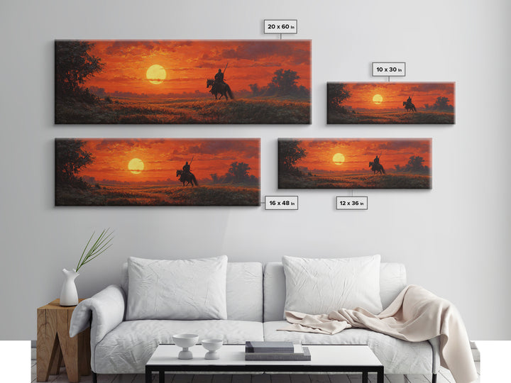 Sunset Scene Painting Of Knight On Horseback In Golden Field Stunning Orange Sky Wall Art