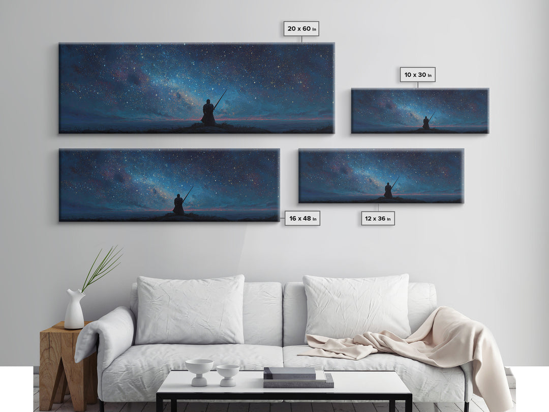 Magical Knight In Armor Under Starry Sky Night Landscape Wall Art Framed Canvas Print For Fantasy Decor