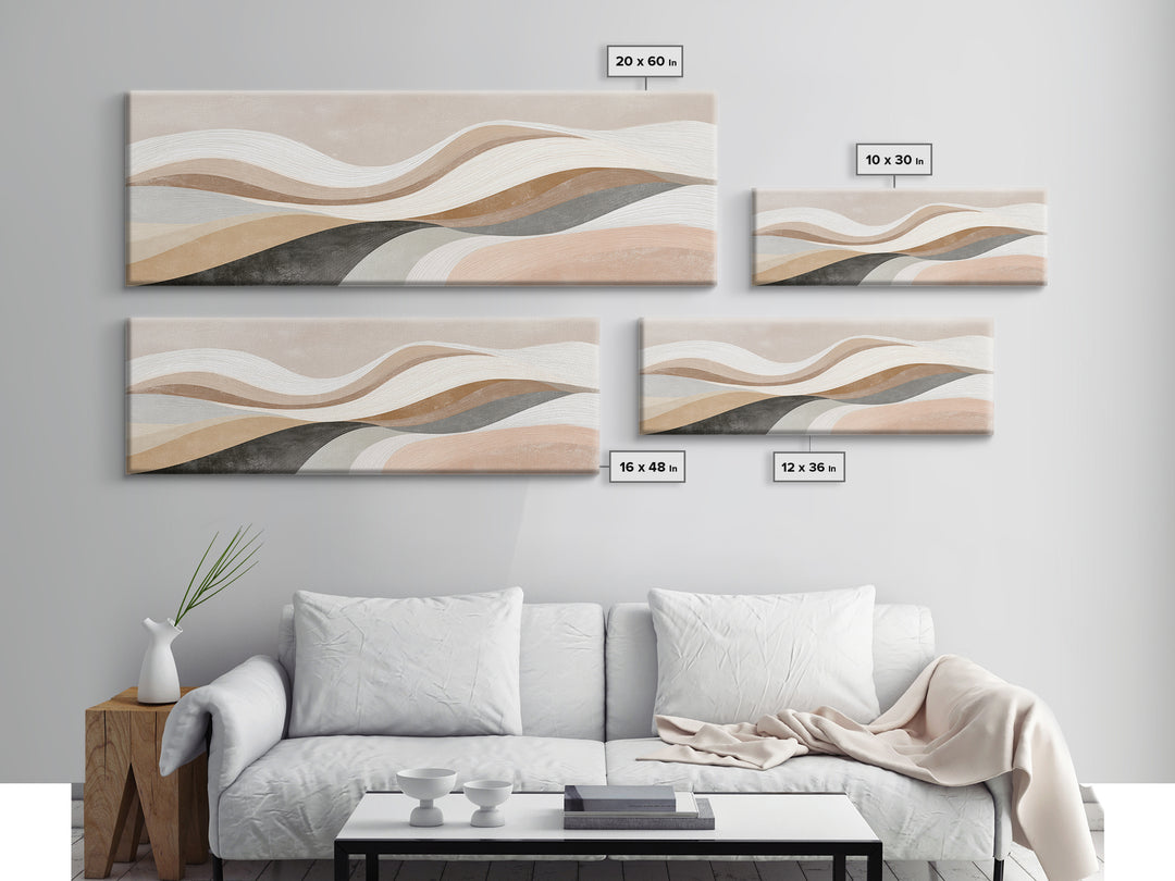 Layered Neutral Abstract Wall Art, Wavy Beige Canvas Print, Mid Century Modern Living Room Decor, Long Horizontal Art Print