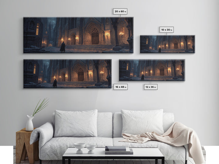 Dark Gothic Cathedral In Snow Framed Canvas Print, Moody Wall Art, Medieval Architecture Decor, Fantasy Cityscape Art Print