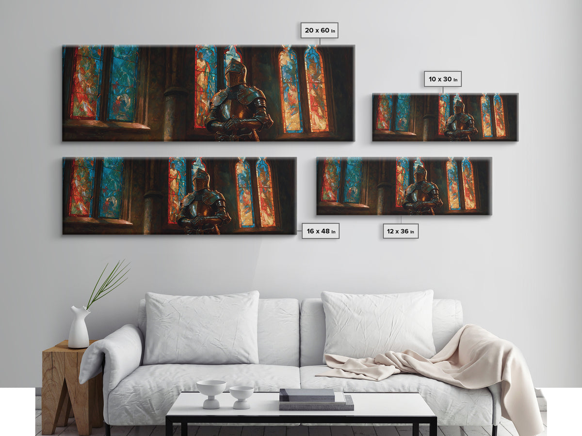Praying Knight In Gleaming Armor Amid Stained Glass Windows Framed Canvas Print Medieval Religious Wall Art