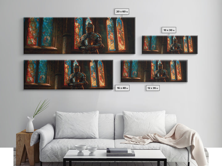Praying Knight In Gleaming Armor Amid Stained Glass Windows Framed Canvas Print Medieval Religious Wall Art