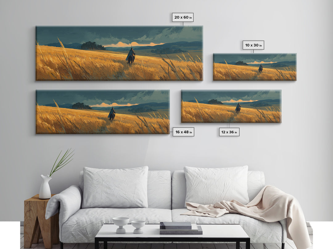 Solitary Knight Riding Through A Vast Golden Wheat Field At Sunset Landscape Canvas Print For Rustic Home Decor