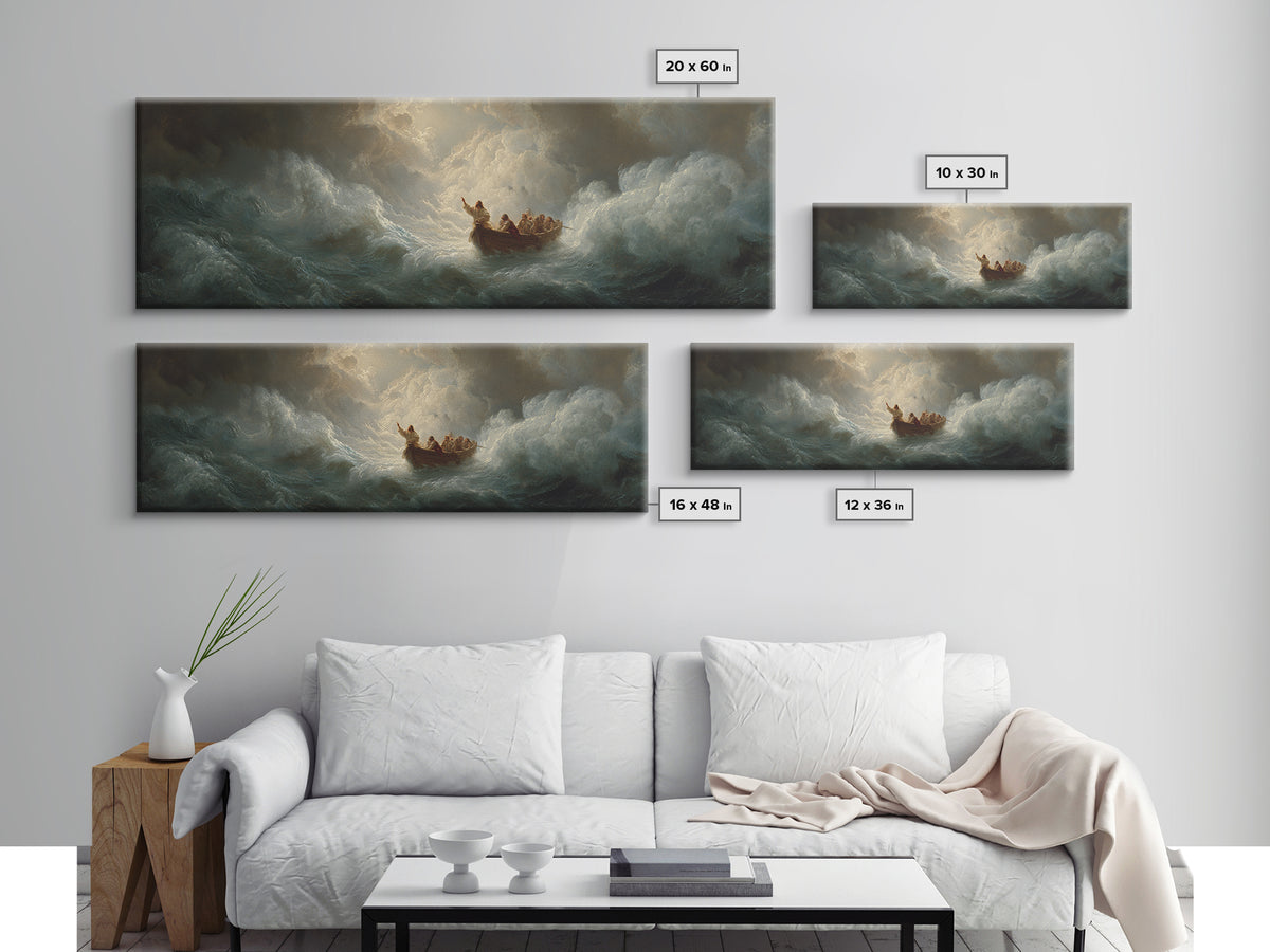 Tiny Boat In Stormy Ocean Waves Wall Art, Dramatic Seascape Painting, Biblical Sea Canvas Print, Moody Coastal Decor Gift