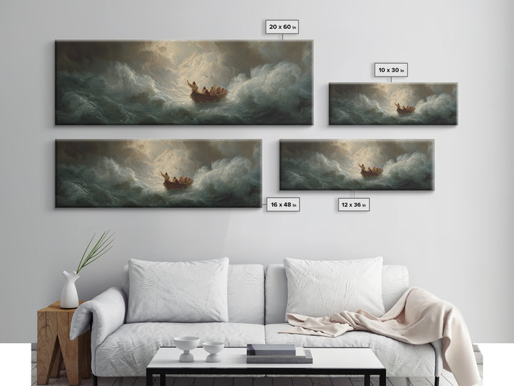 Tiny Boat In Stormy Ocean Waves Wall Art, Dramatic Seascape Painting, Biblical Sea Canvas Print, Moody Coastal Decor Gift