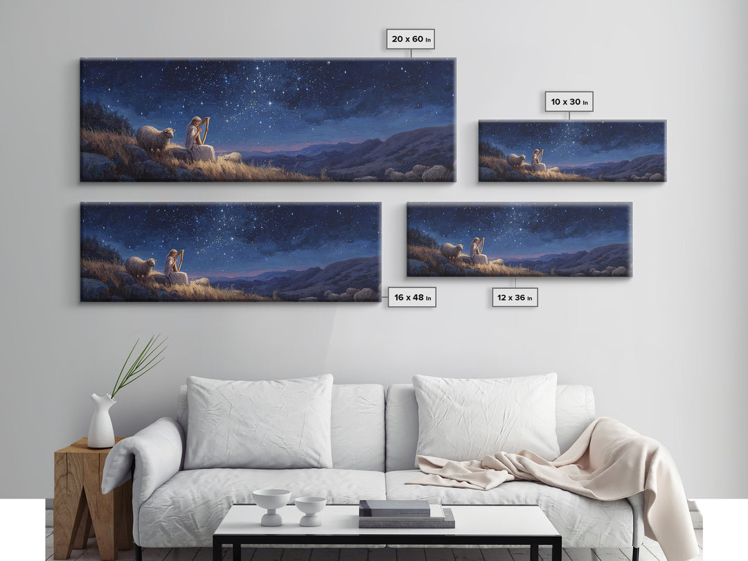 Serene Nighttime Scene of Woman Playing Harp Among Sheep Under Starry Sky Magical Landscape Wall Art Canvas Print