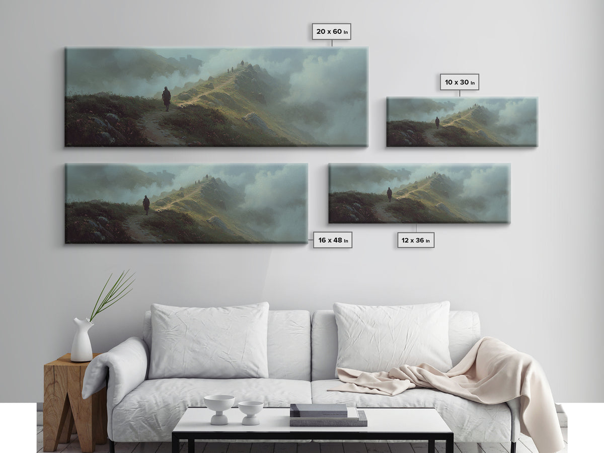 Epic Fantasy Landscape With Knight On Foggy Mountain Path Wall Art Framed Canvas Print For Bedroom Decor
