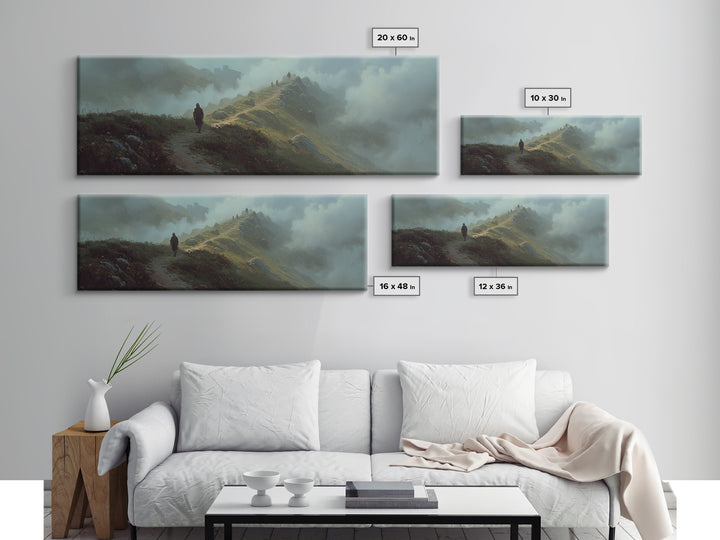 Epic Fantasy Landscape With Knight On Foggy Mountain Path Wall Art Framed Canvas Print For Bedroom Decor