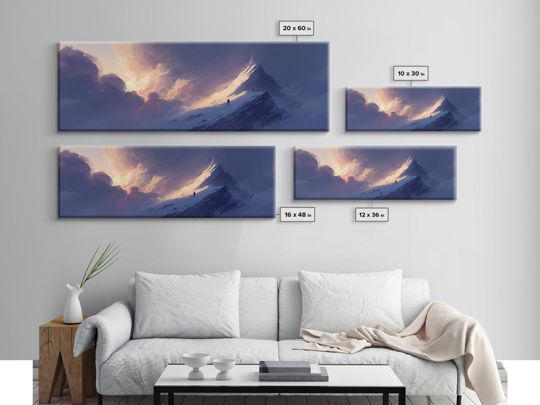 Epic Mountain Summit Climber Under Dramatic Sky Digital Painting Wall Art Framed Canvas Print For Adventure Home Decor