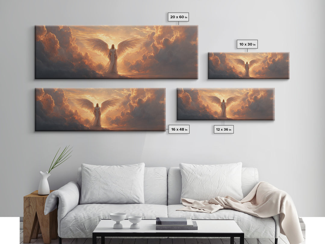 Majestic Angel Figure Surrounded By Glowing Clouds Inspirational Religious Wall Art Canvas Print For Spiritual Home Decor