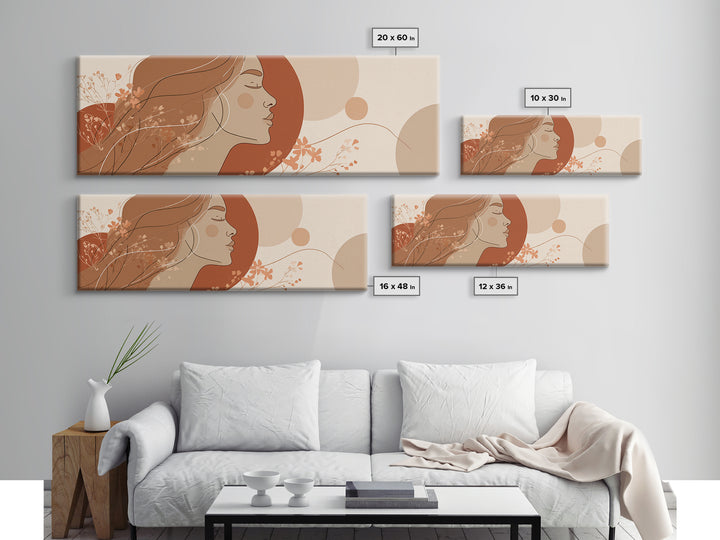 Boho Woman Profile Floral Wall Art, Terracotta Sun Canvas Print, Feminine Abstract Portrait, Modern Bedroom Decor, Gift For Her