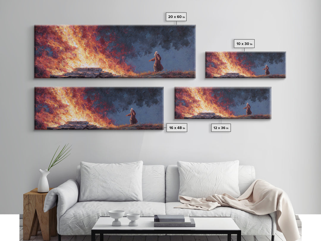 Biblical Scene Of Fiery Altar With Aged Man In Robe Religious Wall Art Framed Canvas Print For Home Decor