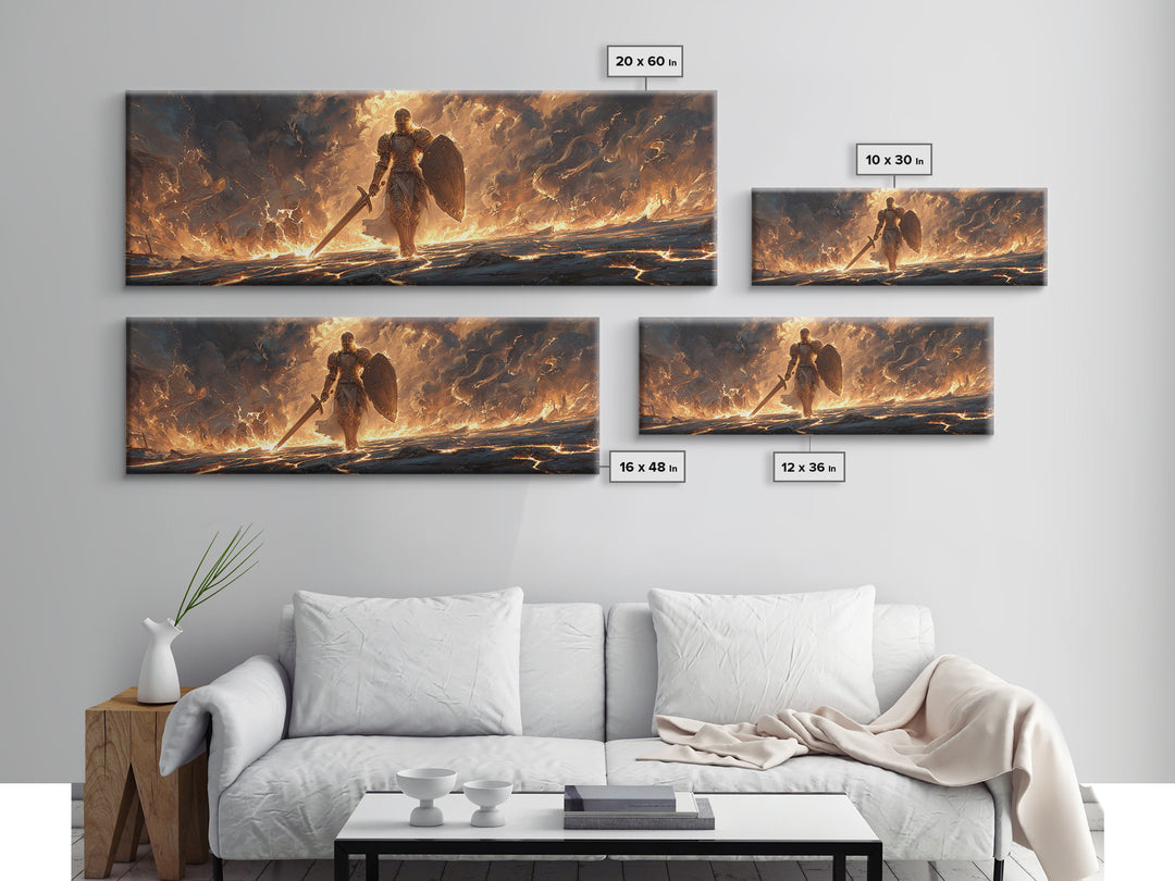 Mighty Armored Knight Walking Through Fiery Battlefield With Sword And Shield Canvas Print Medieval Fantasy Wall Art For Home Decor