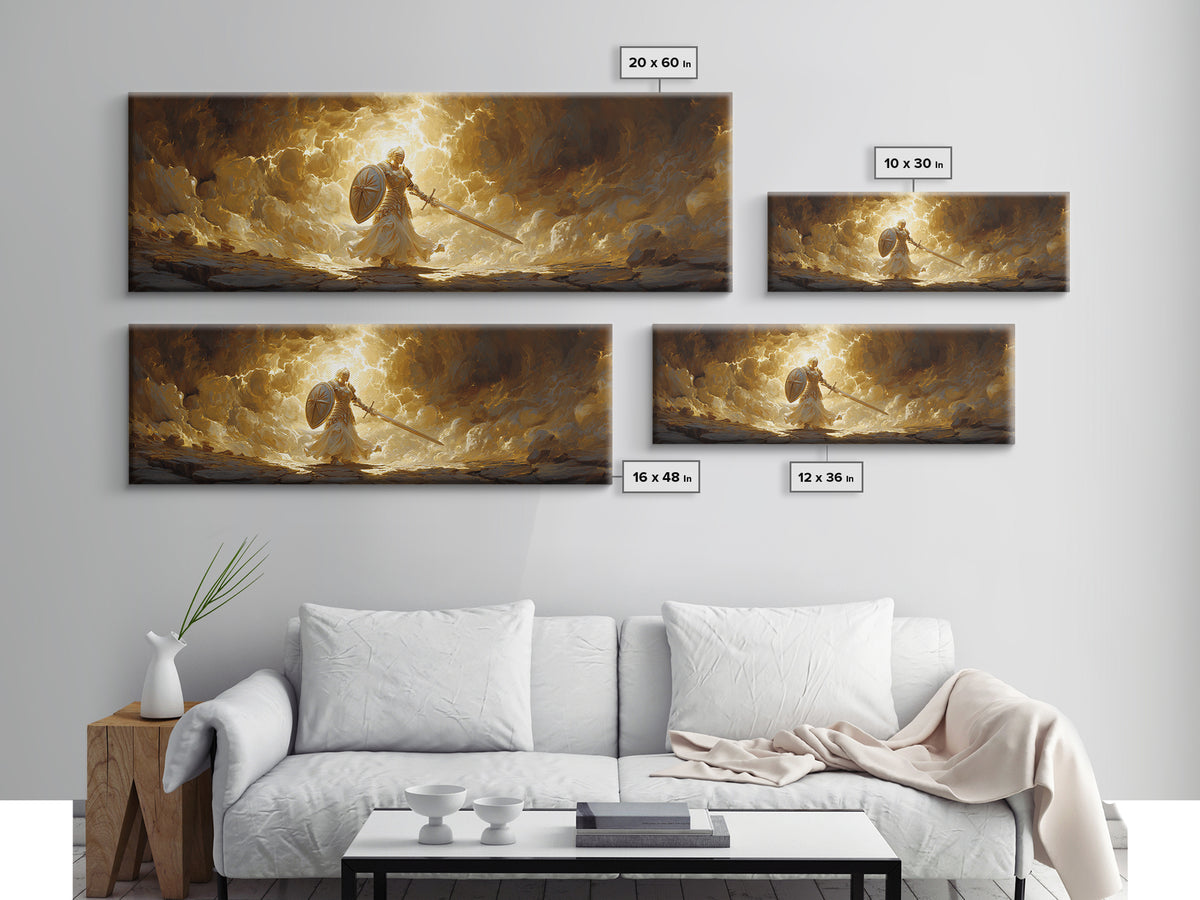 Radiant Angel Warrior With Sword Canvas Print, Christian Fantasy Wall Art, Spiritual Decor, Inspirational Gift For Him, Modern Home Decor