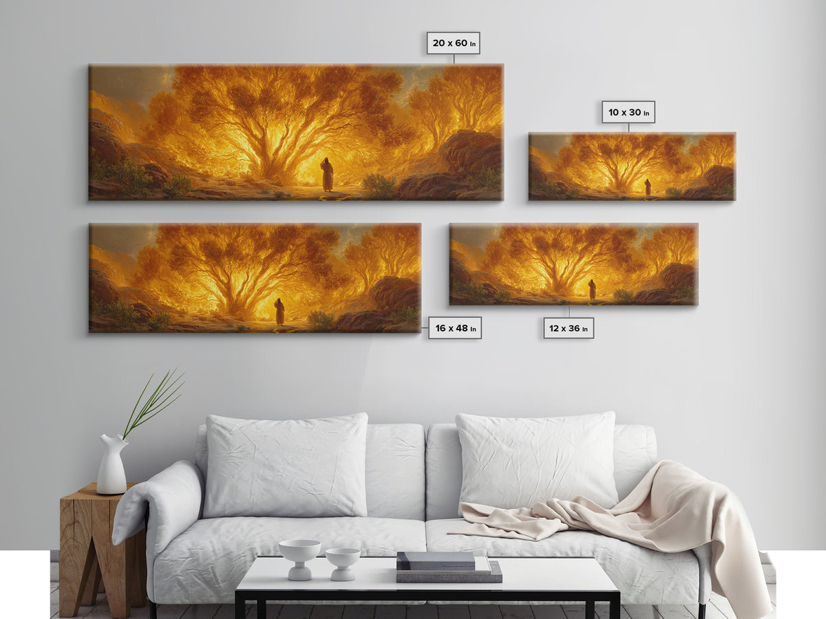 Dramatic Burning Tree With Spiritual Figure Walking Through Fiery Forest Original Art Canvas Print For Inspirational Wall Art Decor
