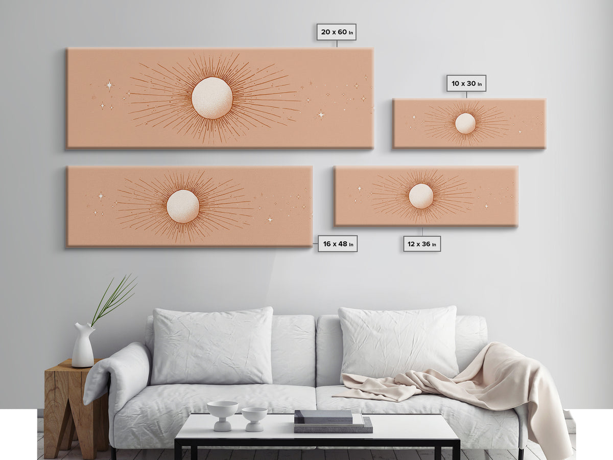 Radiant Sun Celestial Wall Art, Peach Minimalist Canvas Print, Boho Sun And Moon Decor, Spiritual Bedroom Wall Decor Print