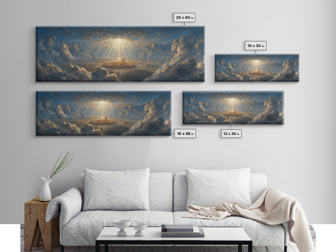 Sunlit Fantasy City Amidst Dramatic Clouds Wall Art Framed Canvas Print For Modern Home Decor And Fantasy Art Collectors Gift