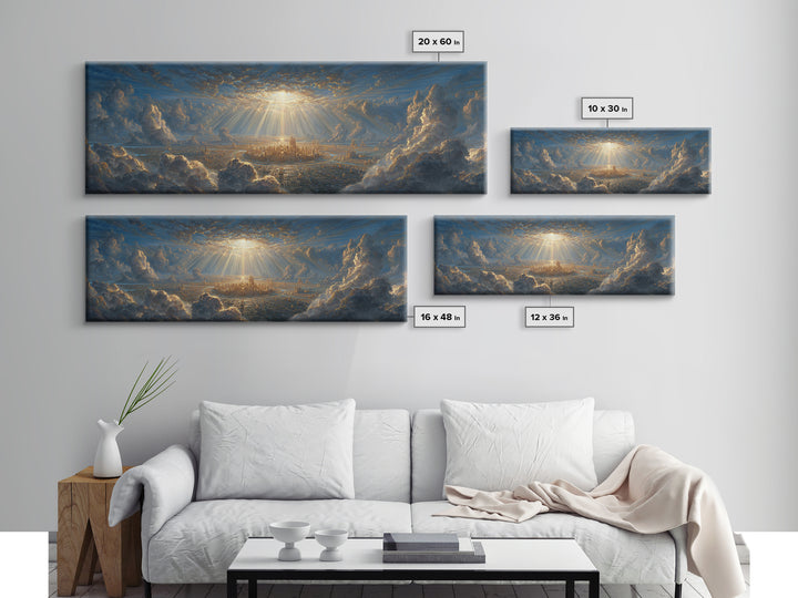 Sunlit Fantasy City Amidst Dramatic Clouds Wall Art Framed Canvas Print For Modern Home Decor And Fantasy Art Collectors Gift