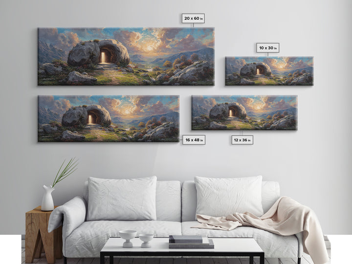 Luminous Entrance To Rocky Cave At Sunset Landscape Wall Art Framed Canvas Print For Home Decor