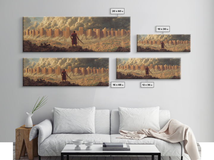 Epic Ancient Siege Scene With Warrior Overlooking Burning City - Dramatic Wall Art Canvas Print For Home Office And Living Room Decor