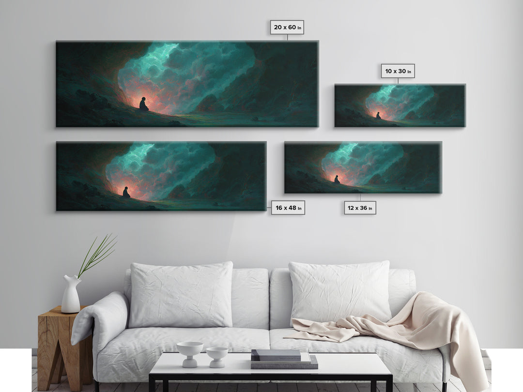 Meditating Figure In Mystical Cave With Glowing Light And Nature Elements Wall Art