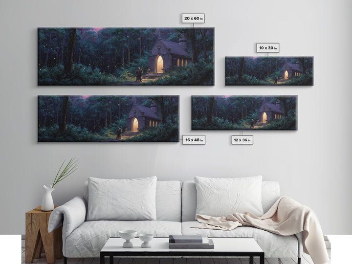 Enchanting Forest Chapel At Night With Glowing Lights And Two Travelers Original Fantasy Wall Art Print