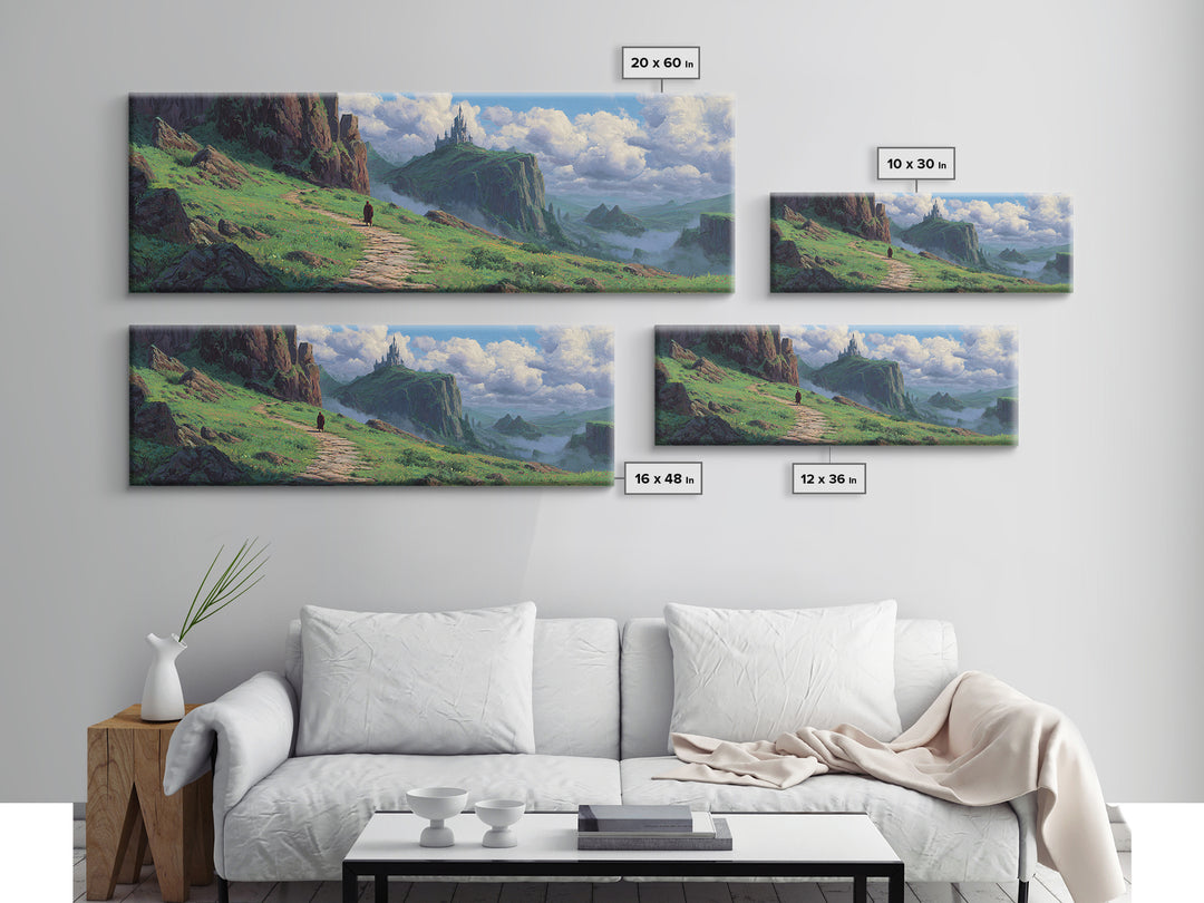 Enchanting Fantasy Landscape With Lone Traveler Walking Toward Mystic Castle on Cliff Surrounded by Lush Greenery Wall Art Canvas Print