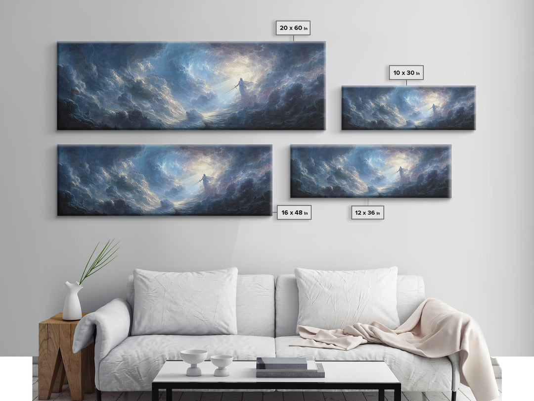 Dramatic Angelic Warrior In Radiant Clouds With Sword Wall Art Framed Canvas Print For Home Decor And Spiritual Gift