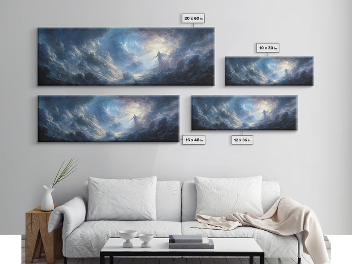 Dramatic Angelic Warrior In Radiant Clouds With Sword Wall Art Framed Canvas Print For Home Decor And Spiritual Gift
