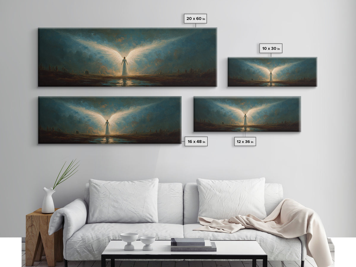 Ethereal Canvas Print Of Angelic Figure Radiating Light Among Heavenly Battle Scene Spiritual Wall Art For Inspirational And Contemporary Home Decoration