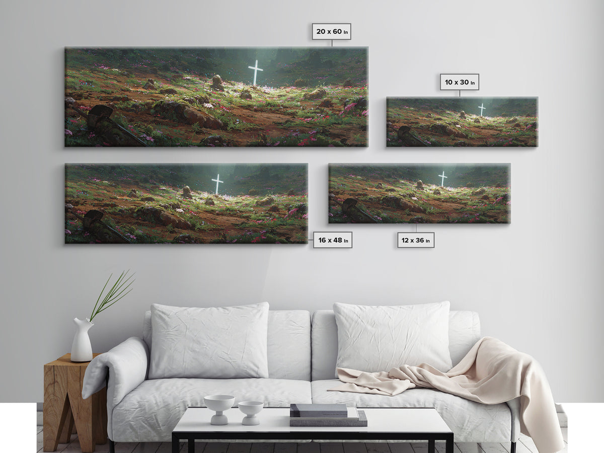 Fantasy Garden Illuminated Cross With Sword On Ground Painting - Canvas Print, Spiritual Wall Art, Religious Home Decor, Gift For Her