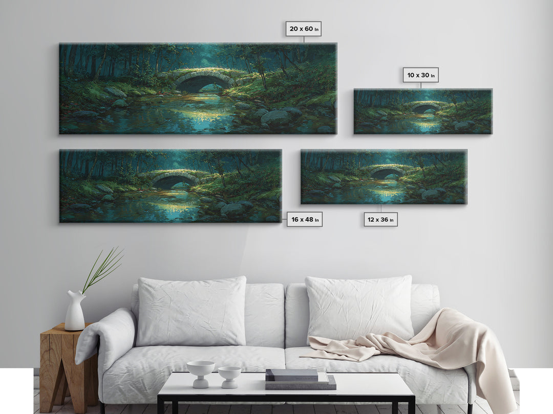 Enchanted Forest Bridge Over Quiet Stream Surrounded By Lush Trees Greenery Nature Wall Art Canvas Print For Home Decor
