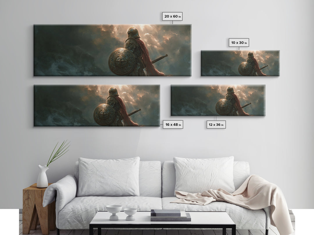 Knight In Armor Standing Against Dramatic Sky Full Of Clouds And Sun Rays - Epic Warrior Wall Art Framed Canvas Print For Home