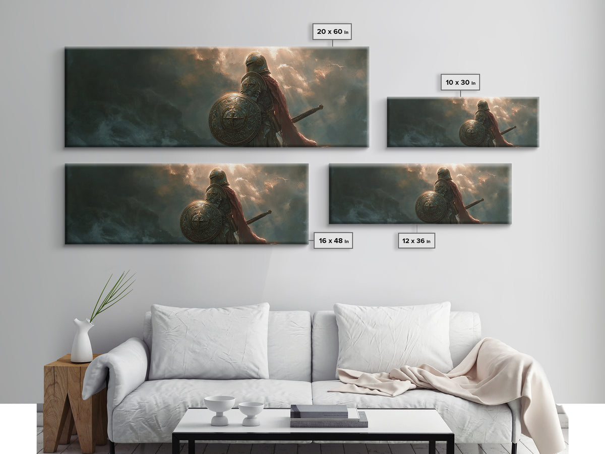 Knight In Armor Standing Against Dramatic Sky Full Of Clouds And Sun Rays - Epic Warrior Wall Art Framed Canvas Print For Home