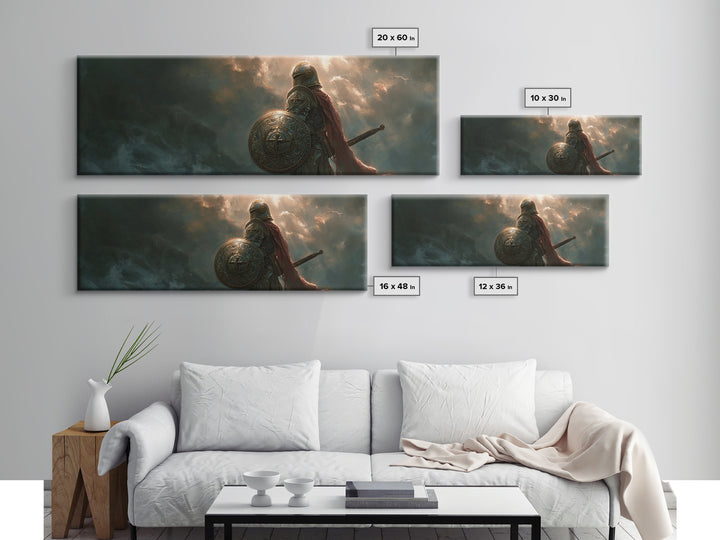 Knight In Armor Standing Against Dramatic Sky Full Of Clouds And Sun Rays - Epic Warrior Wall Art Framed Canvas Print For Home