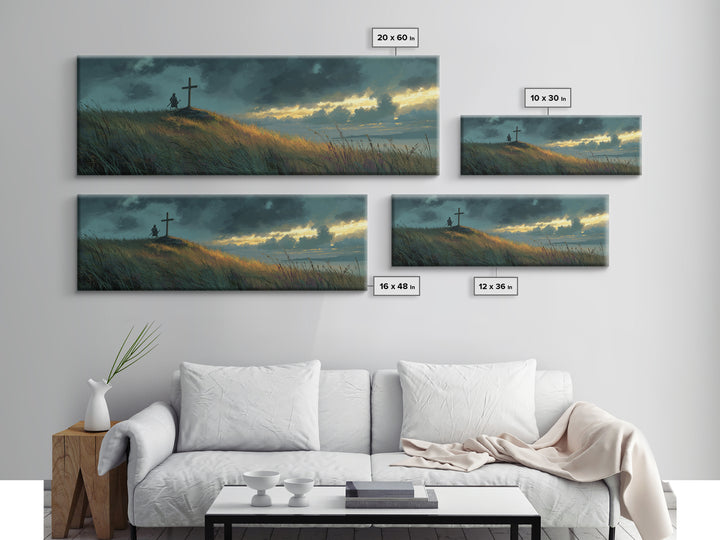 Peaceful Landscape Painting Of Knight And Cross At Sunset Over Rolling Hills Moody Wall Art Print