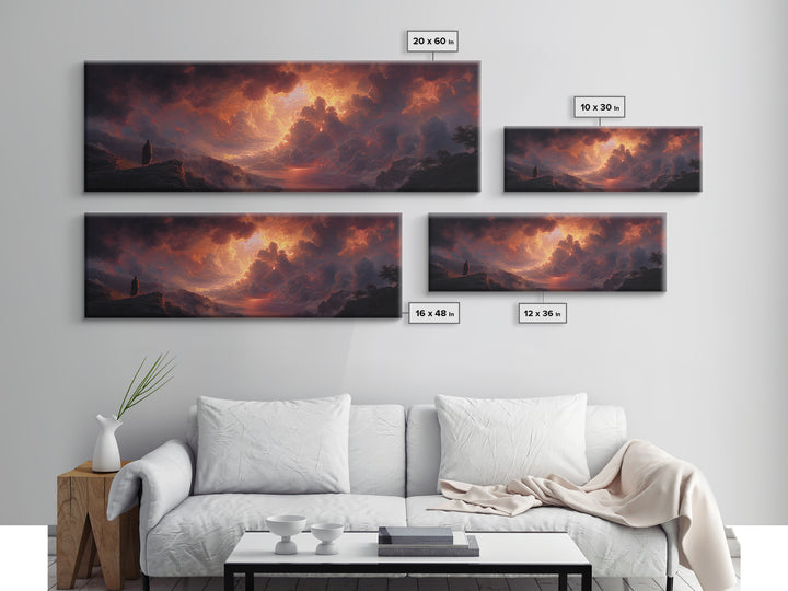 Epic Figure Facing Fiery Sunstorm Fantasy Landscape Wall Art Framed Canvas Print For Dramatic Home Decor And Contemporary Art Lovers