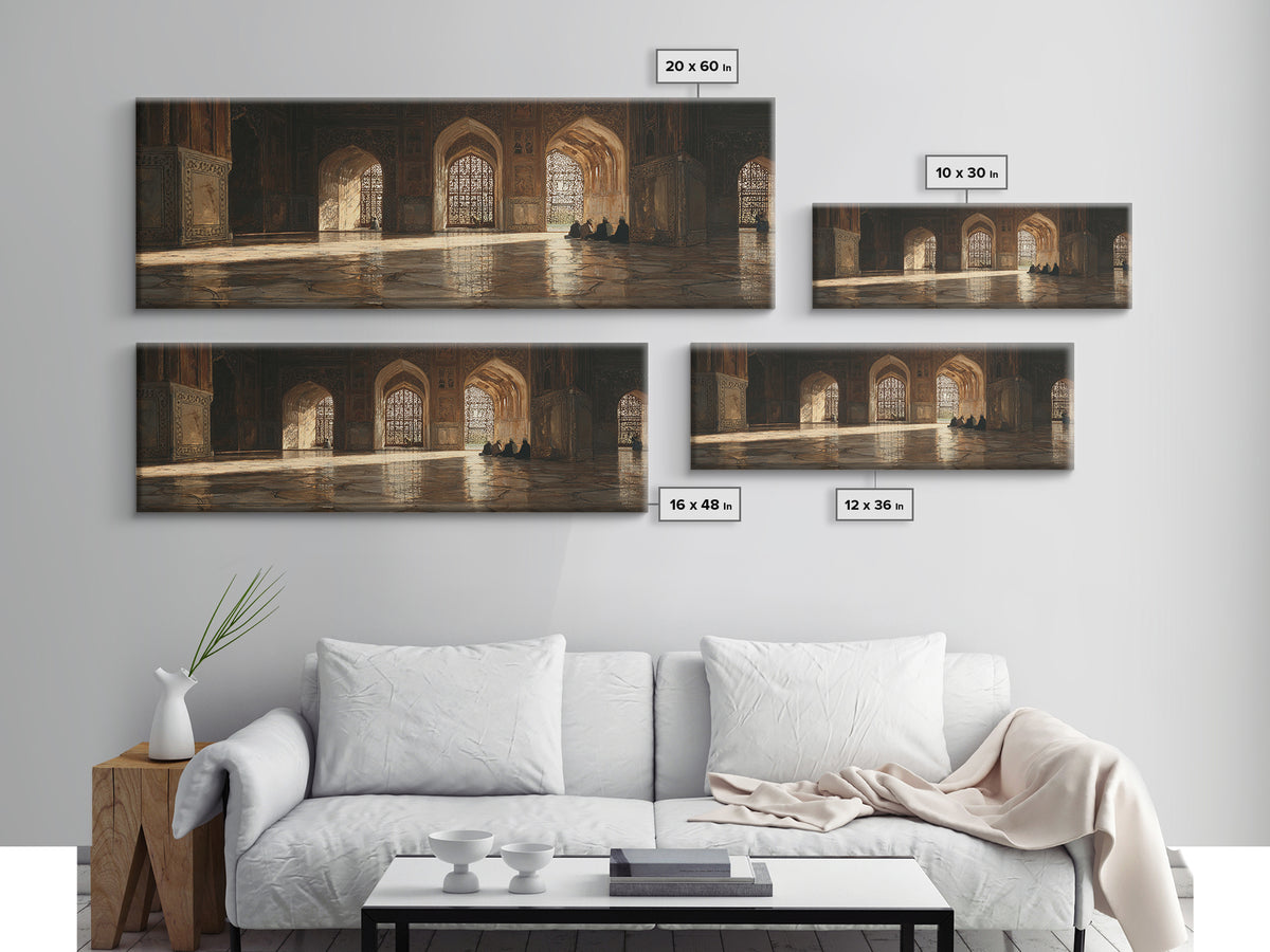 Golden Mosque Prayer Hall Wall Art, Islamic Architecture Canvas, Arabic Home Decor, Spiritual Travel Print For Living Room