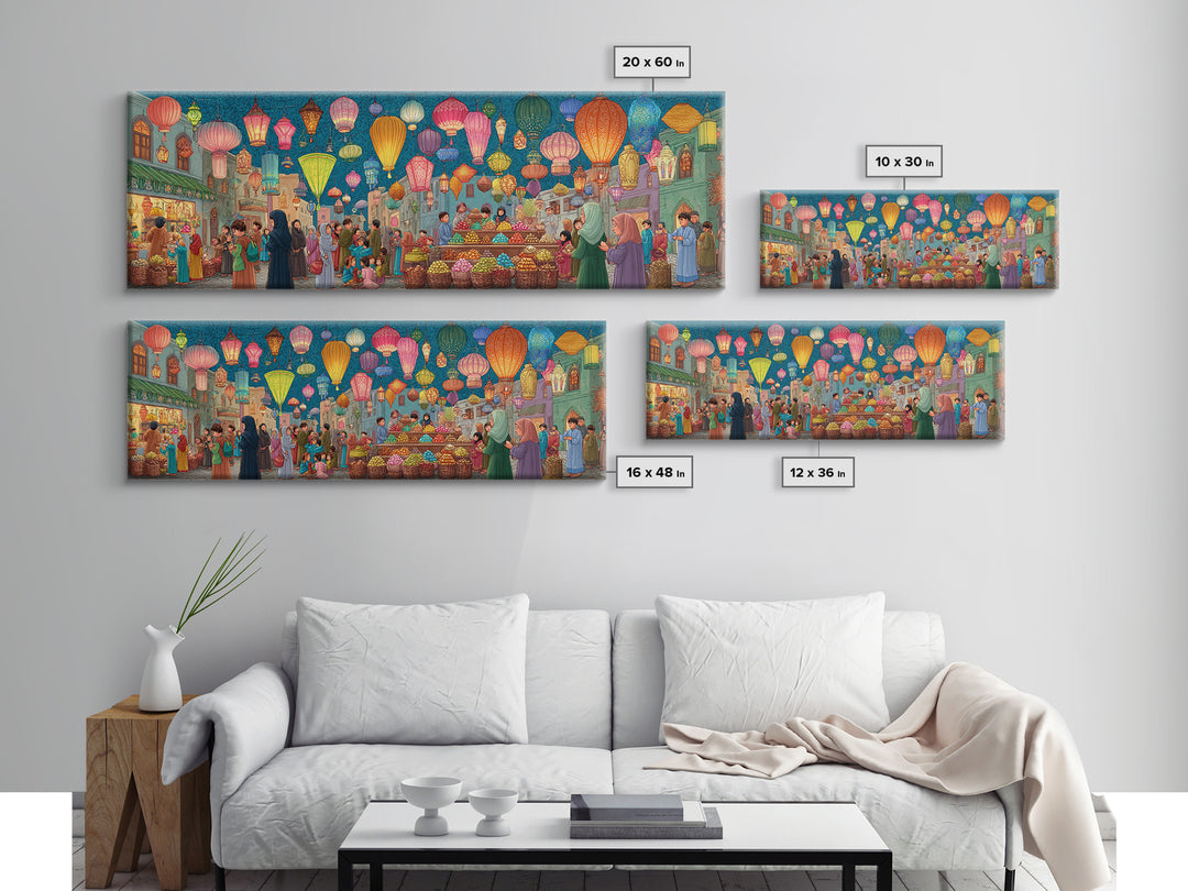 Bustling Market Scene Painting With Lanterns And People Vibrant Traditional Street Life Colorful Wall Art