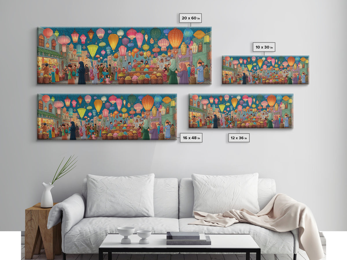 Bustling Market Scene Painting With Lanterns And People Vibrant Traditional Street Life Colorful Wall Art