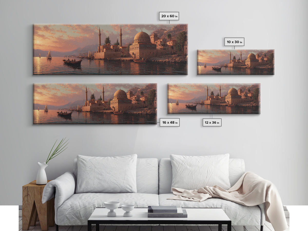Seaside Town At Sunset Oil Painting Canvas Print With Boats And Warm Orange Glow Wall Art For Coastal Home Decor And Dining Room