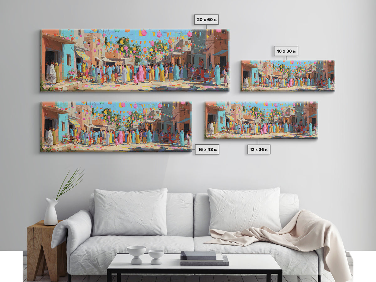 Festive Colorful Town Square Celebration Digital Painting Bright Lanterns And Crowds For Joyful Wall Art