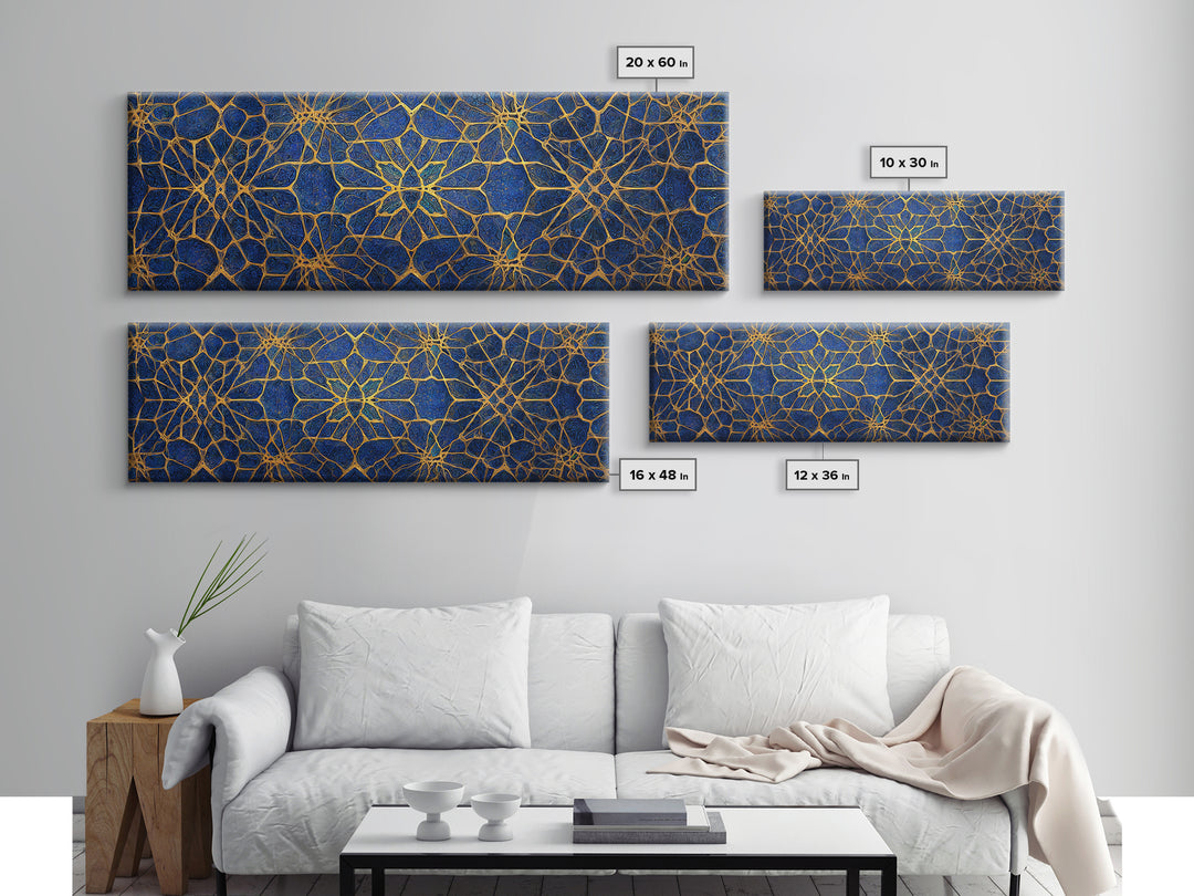 Detailed Blue And Gold Islamic Geometric Pattern Canvas Print For Elegant Religious Home Decor