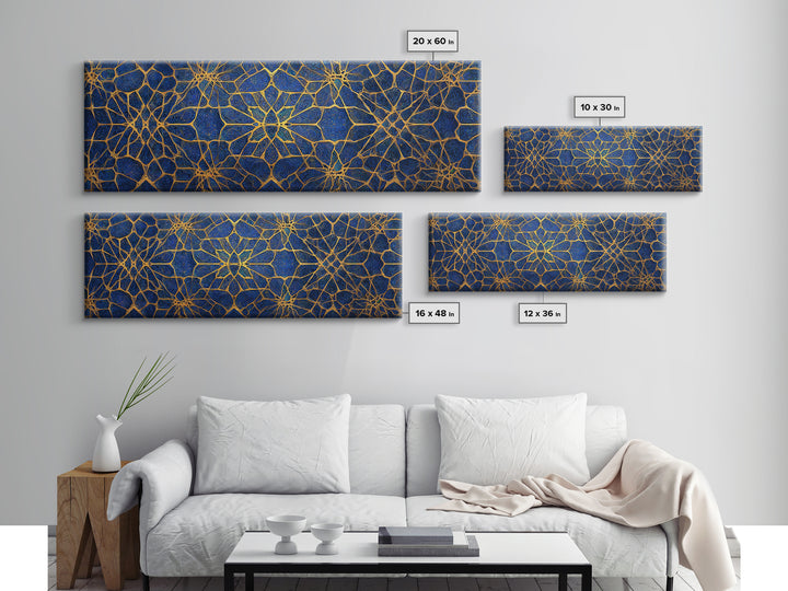 Detailed Blue And Gold Islamic Geometric Pattern Canvas Print For Elegant Religious Home Decor